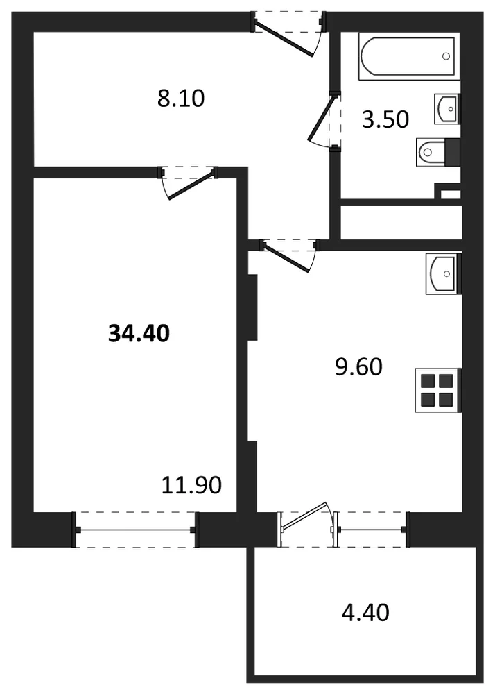 Планировка: 1-комн., 34,4 м²