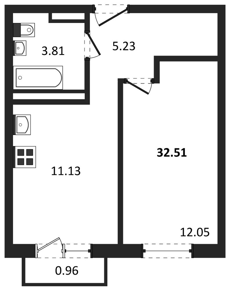 Планировка: 1-комн., 32,5 м²