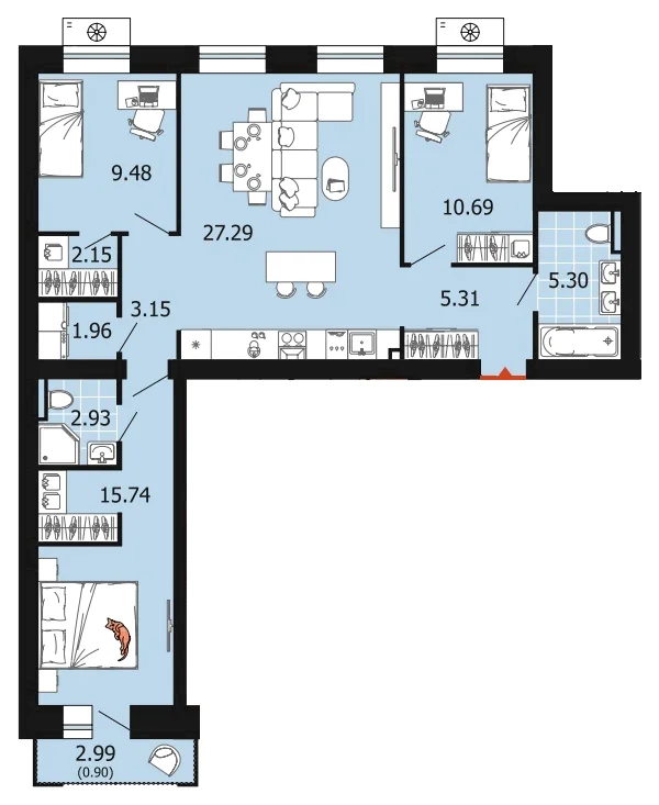 Планировка: 3-комн., 84,9 м²