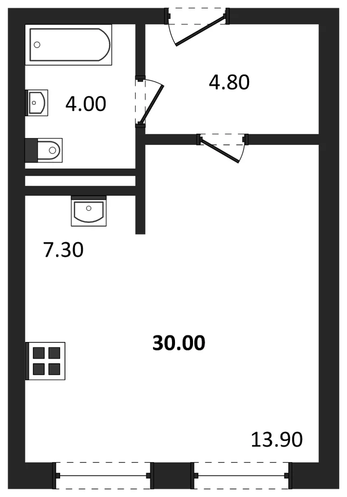 Планировка: Студия, 30 м²