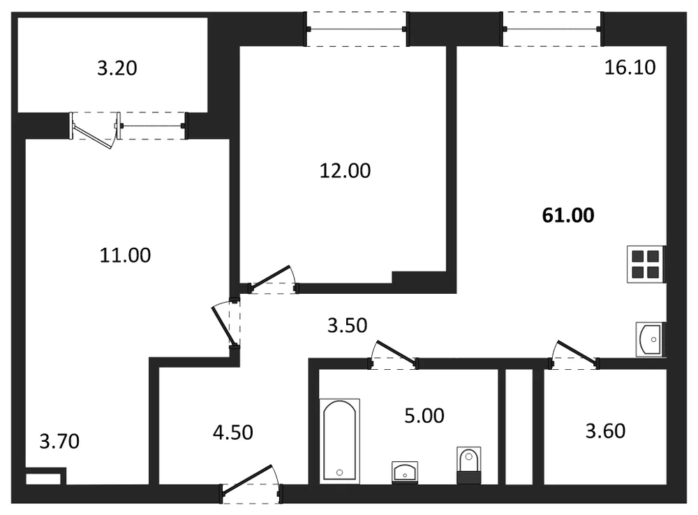 Планировка: 2-комн., 61 м²