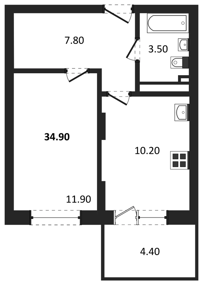 Планировка: 1-комн., 34,7 м²