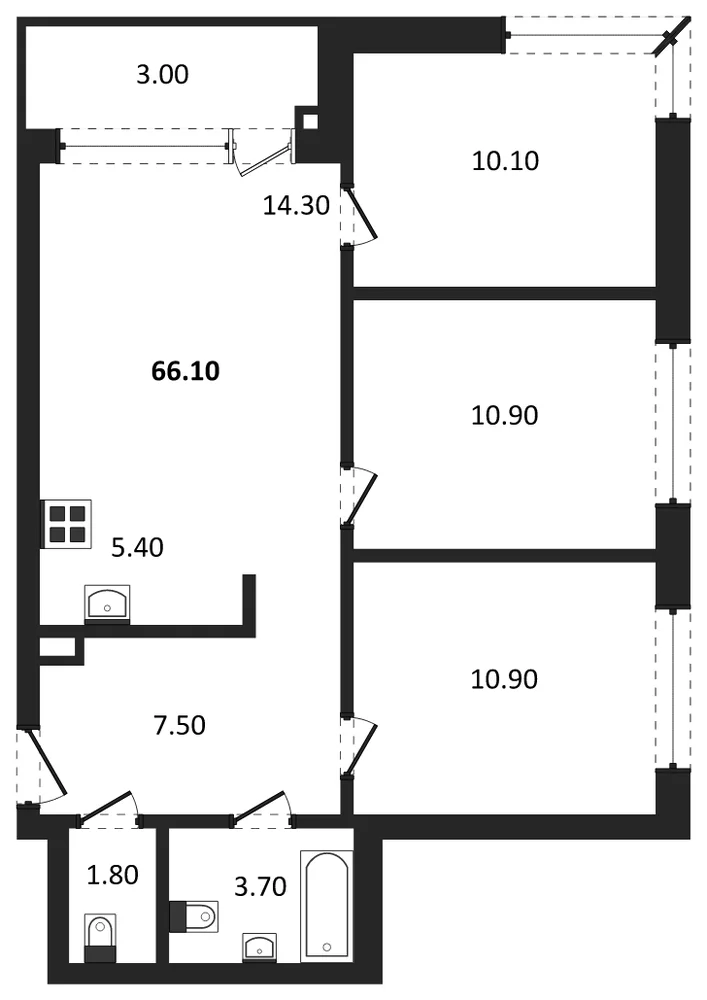 Планировка: 3-комн., 66,1 м²