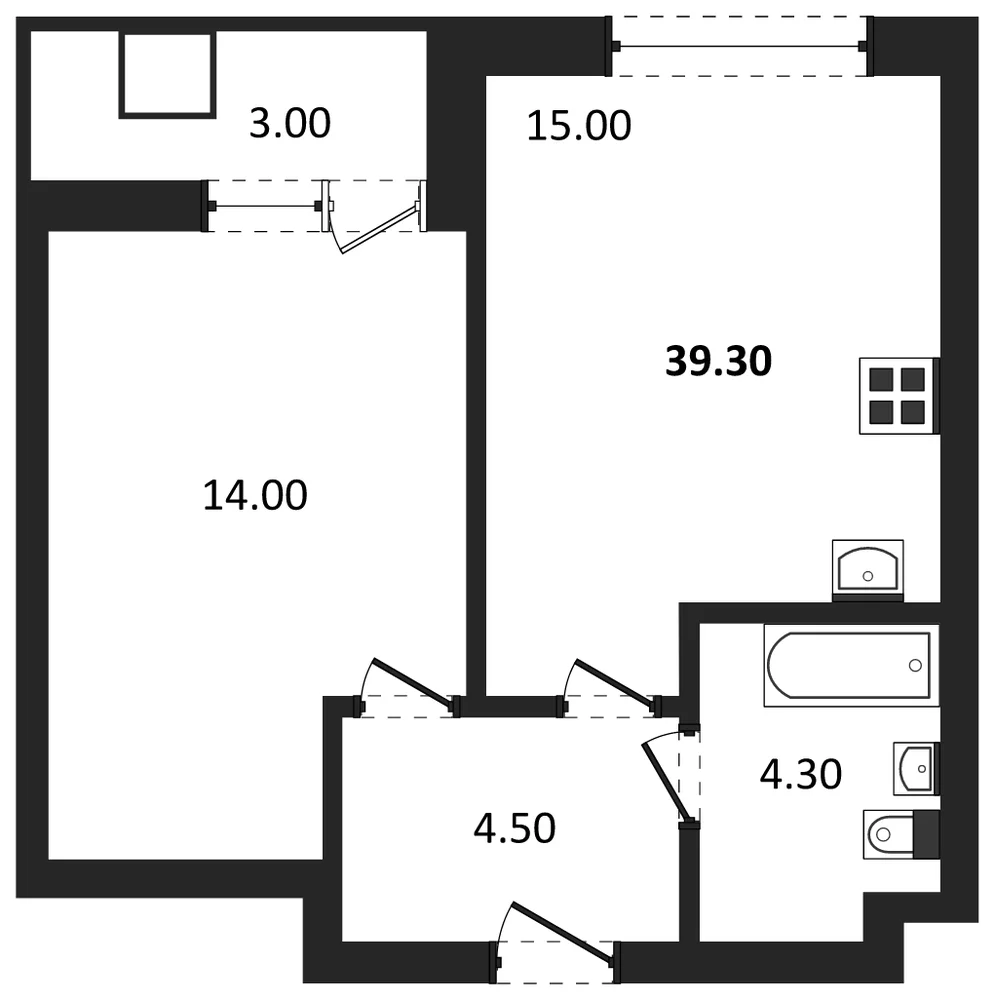 Планировка: 1-комн., 39,3 м²