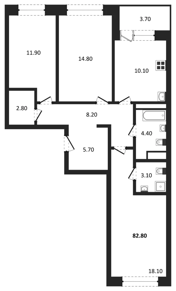 Планировка: 3-комн., 82,8 м²