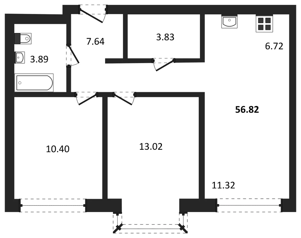 Планировка: 3-комн., 56,5 м²