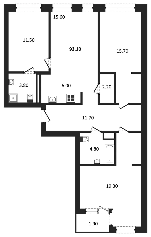 Планировка: 3-комн., 92,5 м²