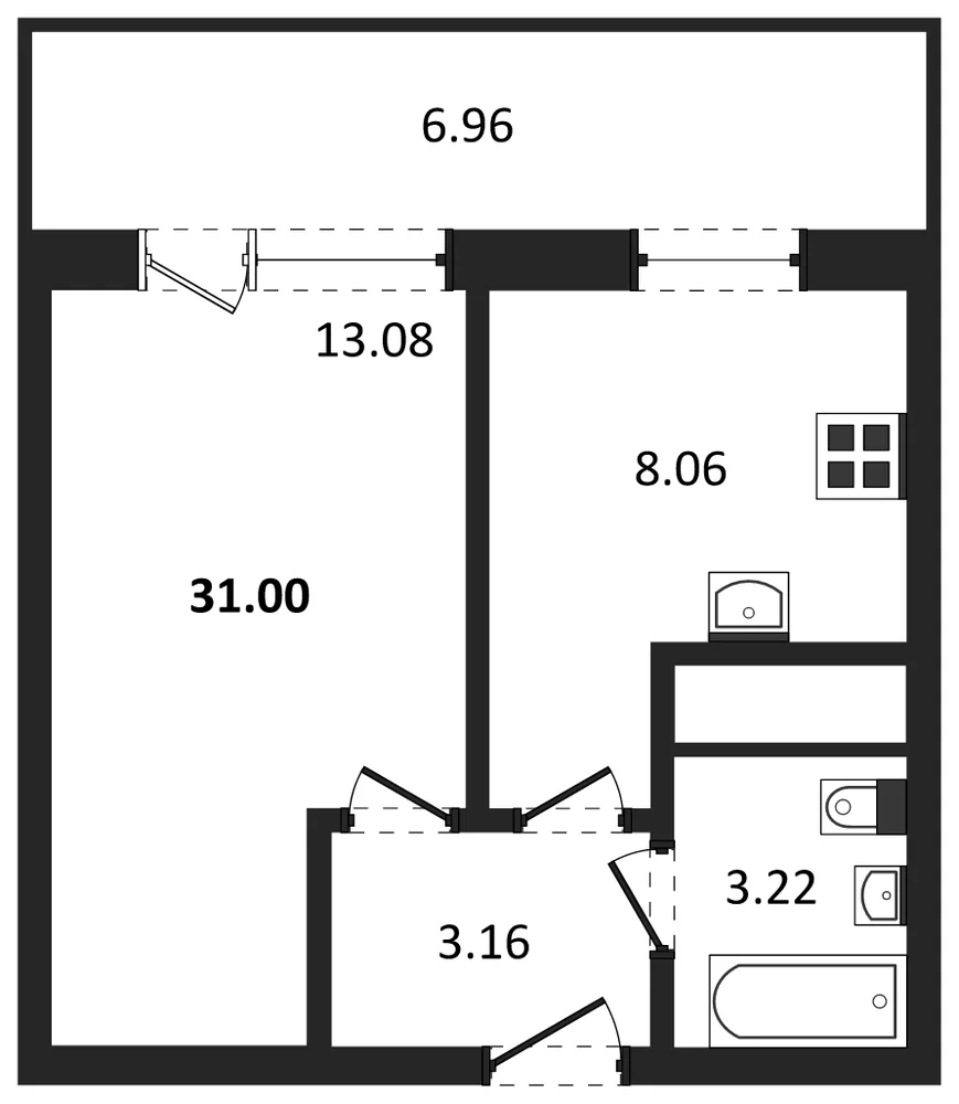 Планировка: 1-комн., 31 м²