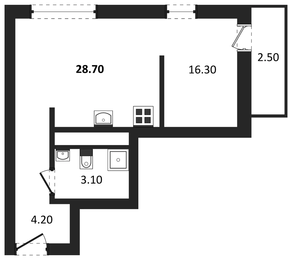 Планировка: Студия, 28,7 м²