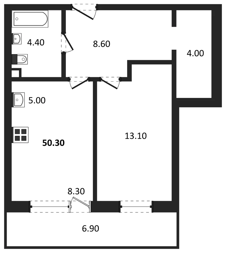 Планировка: 1-комн., 50,3 м²