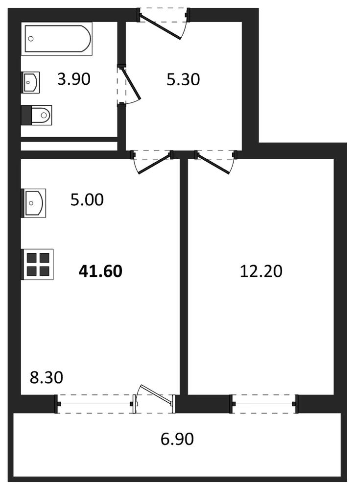 Планировка: 1-комн., 41,6 м²