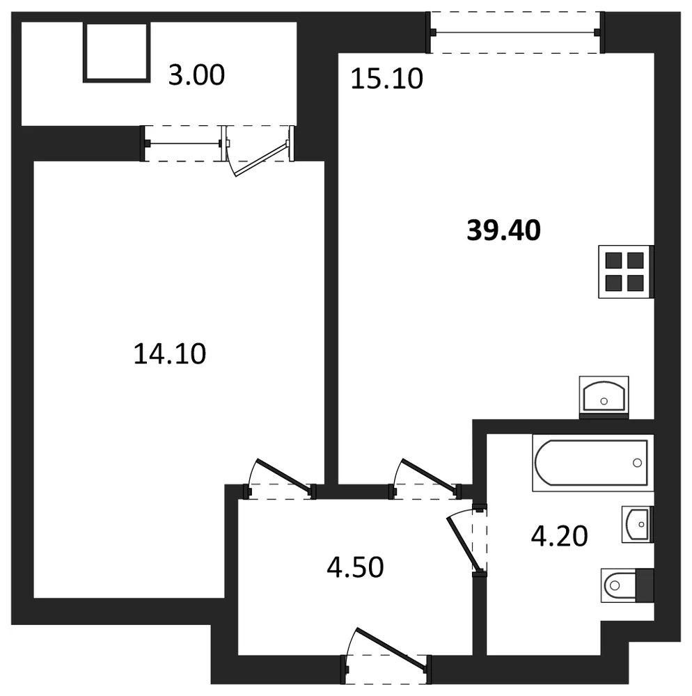 Планировка: 1-комн., 39,4 м²