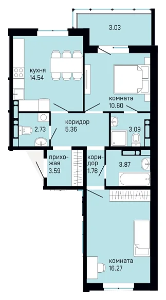 Планировка: 2-комн., 64,8 м²