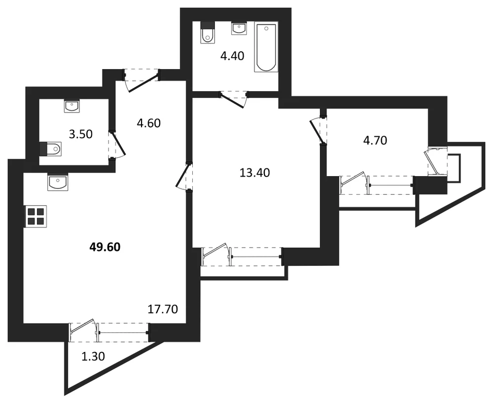 Планировка: 1-комн., 49,6 м²