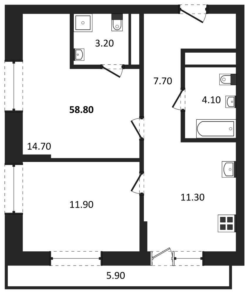 Планировка: 2-комн., 54,7 м²