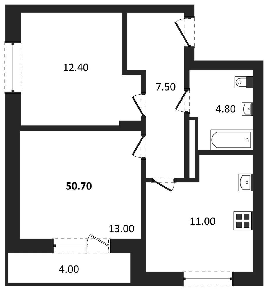 Планировка: 2-комн., 50,7 м²