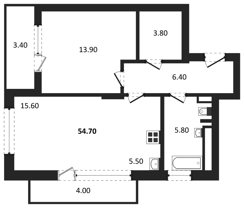 Планировка: 1-комн., 54,7 м²