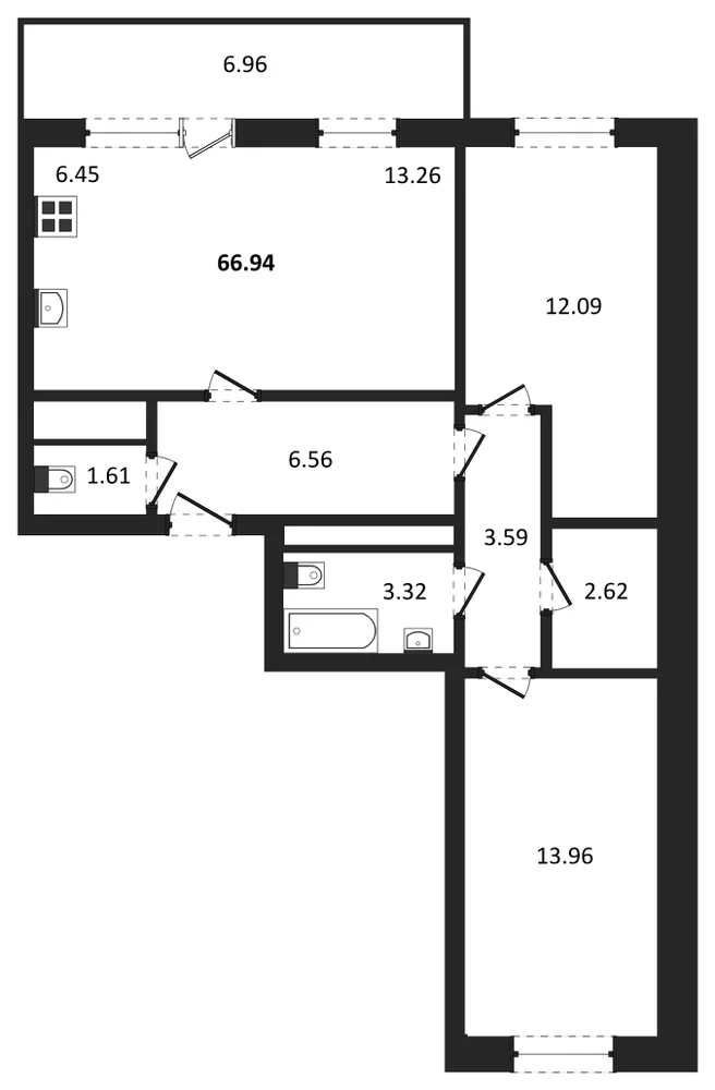 Планировка: 3-комн., 66,9 м²