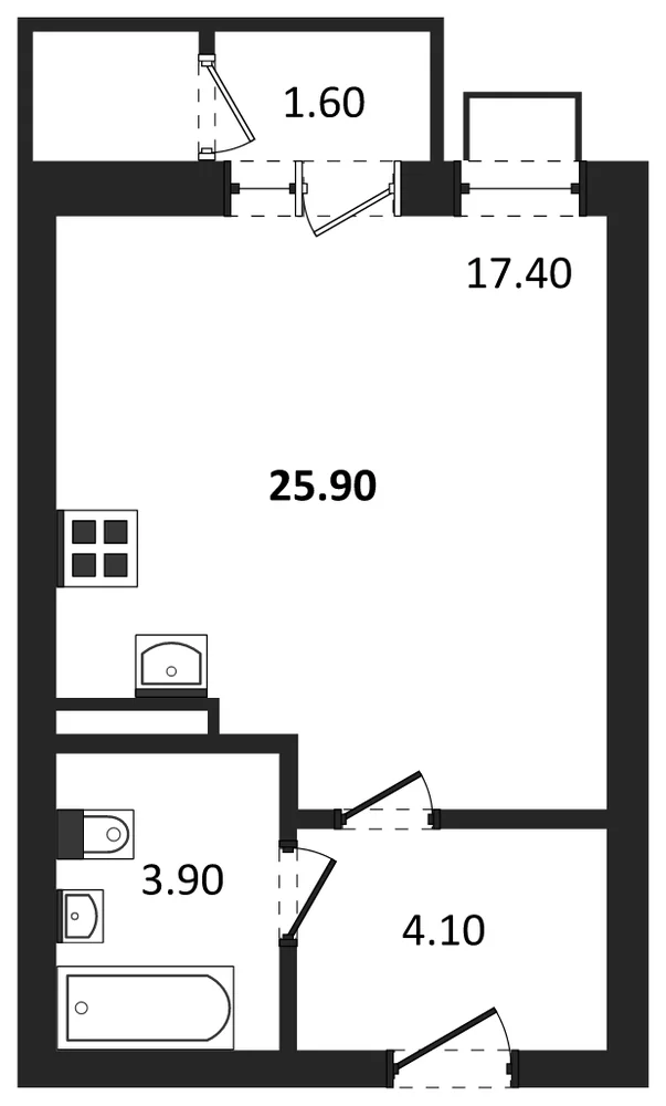Планировка: Студия, 25,9 м²