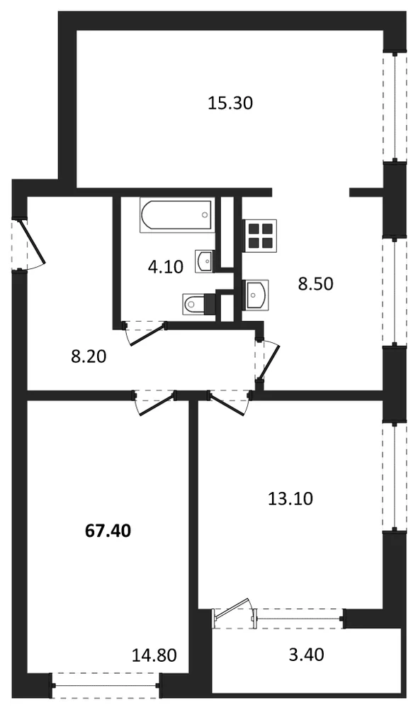 Планировка: 2-комн., 67,4 м²