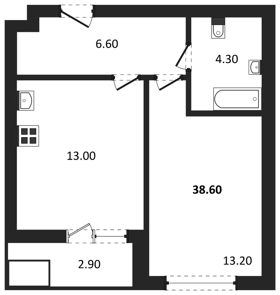 Планировка: 1-комн., 38,6 м²