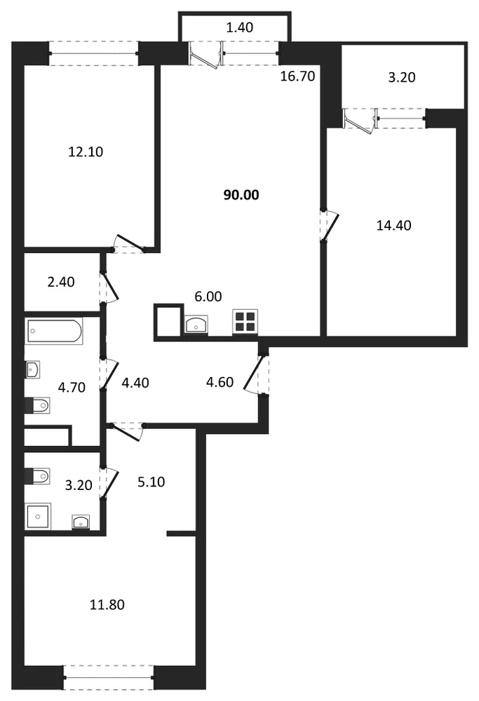 Планировка: 3-комн., 90 м²