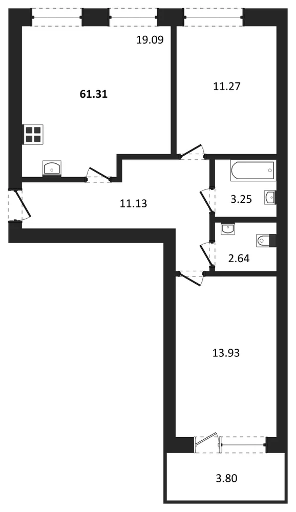 Планировка: 2-комн., 61,2 м²