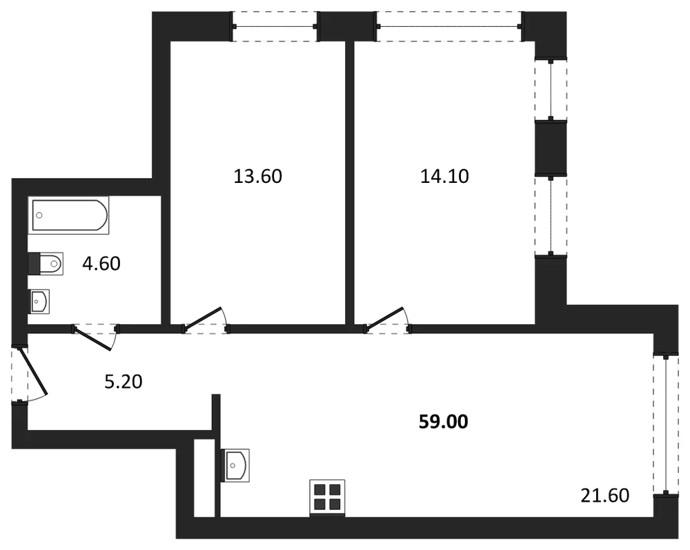 Планировка: 2-комн., 59 м²