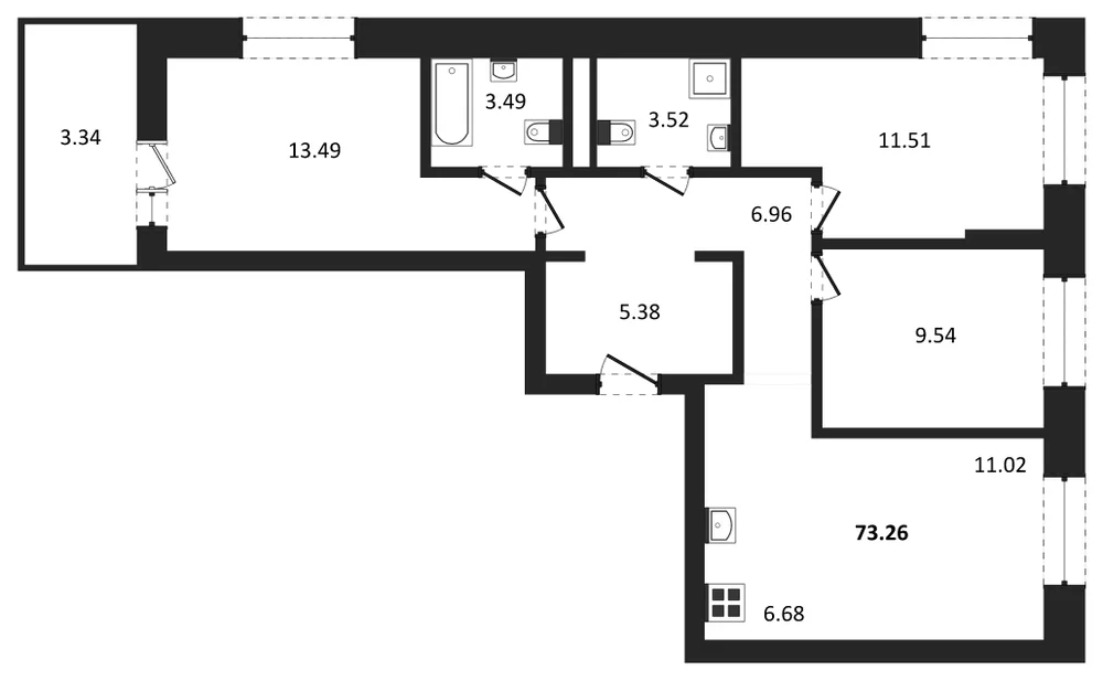 Планировка: 3-комн., 73,3 м²