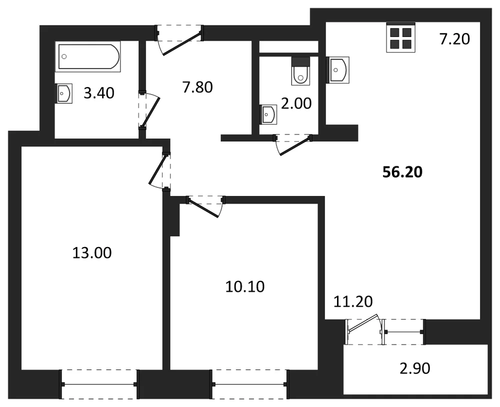 Планировка: 2-комн., 56,2 м²