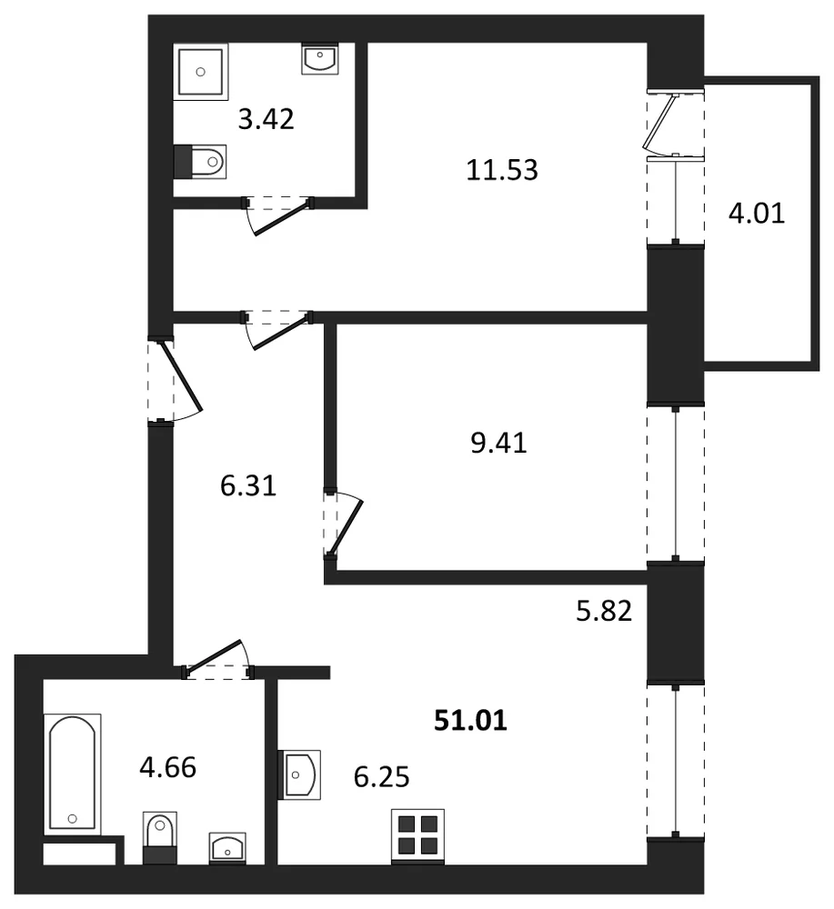 Планировка: 2-комн., 48,6 м²