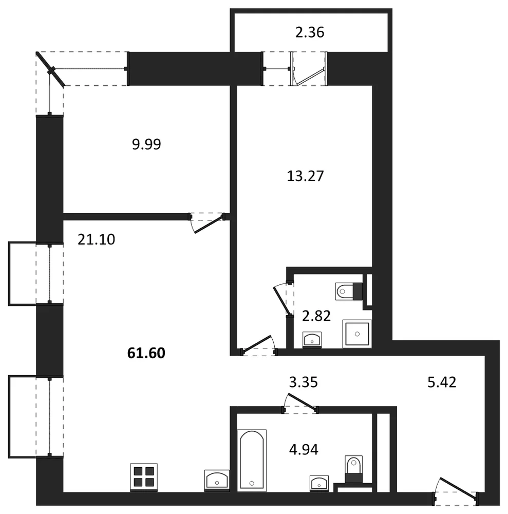 Планировка: 2-комн., 61,6 м²