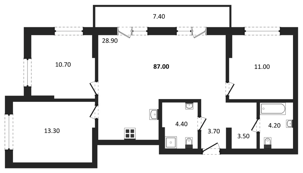 Планировка: 3-комн., 87 м²