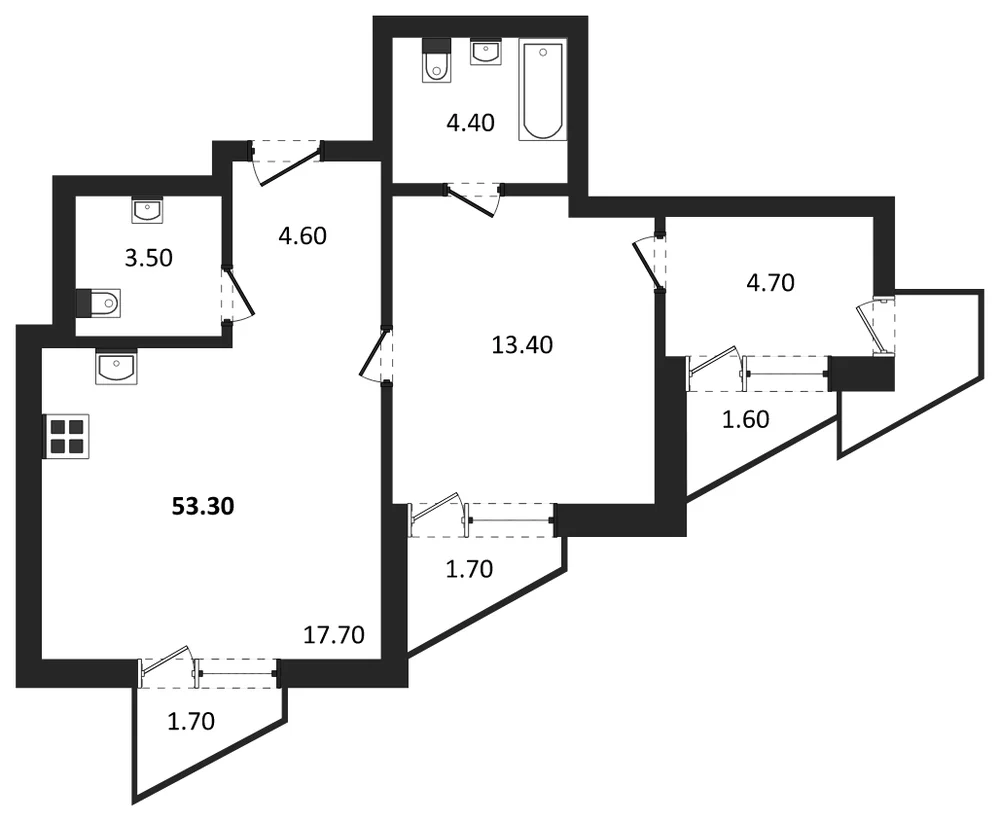 Планировка: 1-комн., 53,3 м²