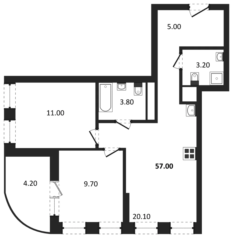 Планировка: 2-комн., 54,9 м²