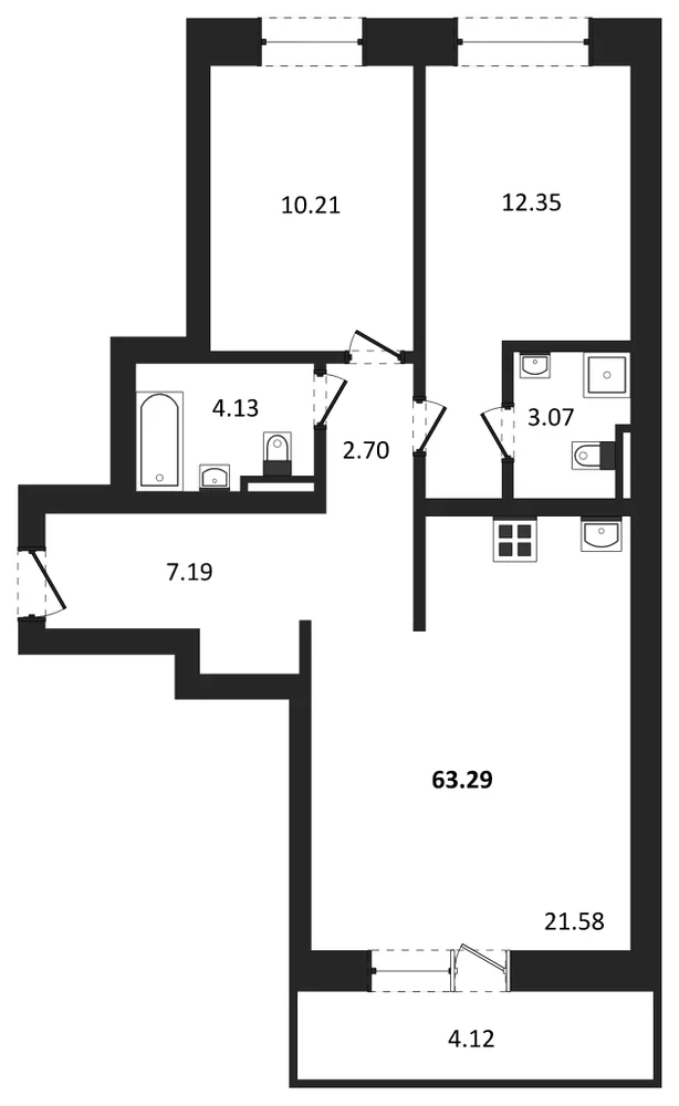 Планировка: 2-комн., 63,3 м²