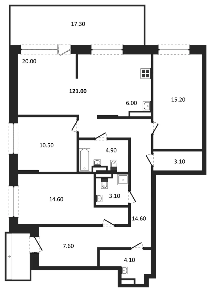 Планировка: 3-комн., 121,1 м²