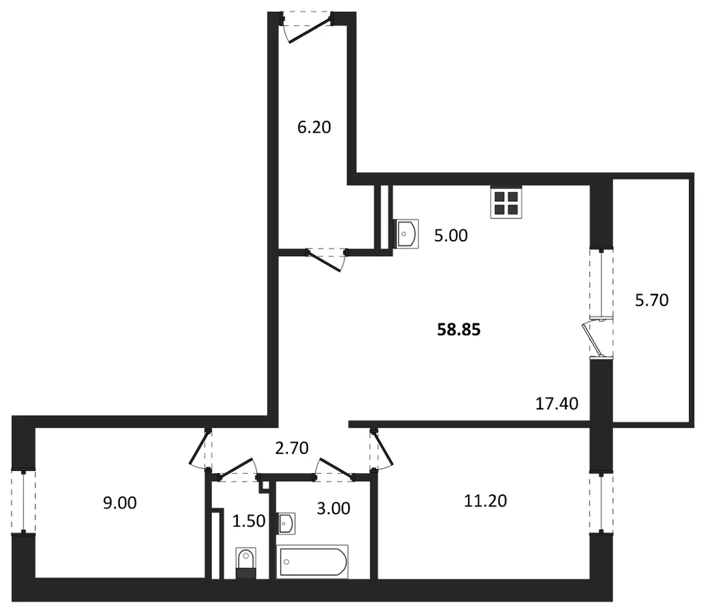 Планировка: 2-комн., 55,9 м²