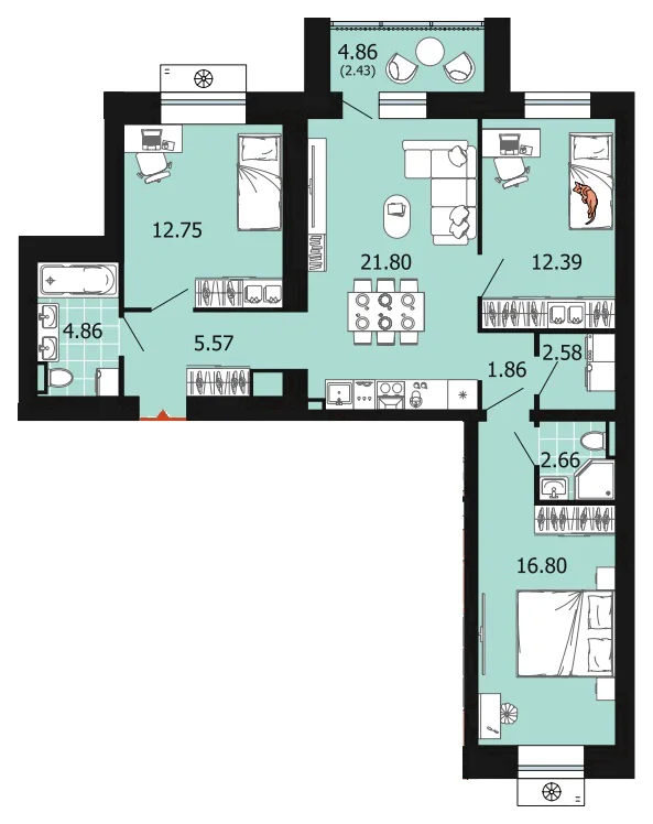 Планировка: 3-комн., 83,7 м²