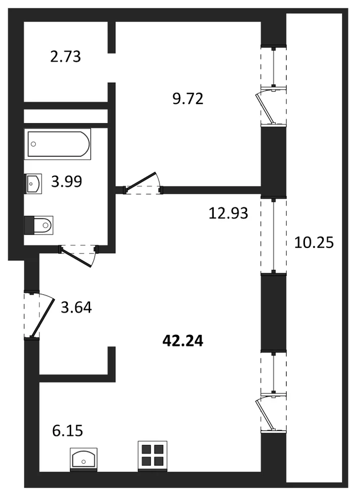 Планировка: 1-комн., 42,2 м²