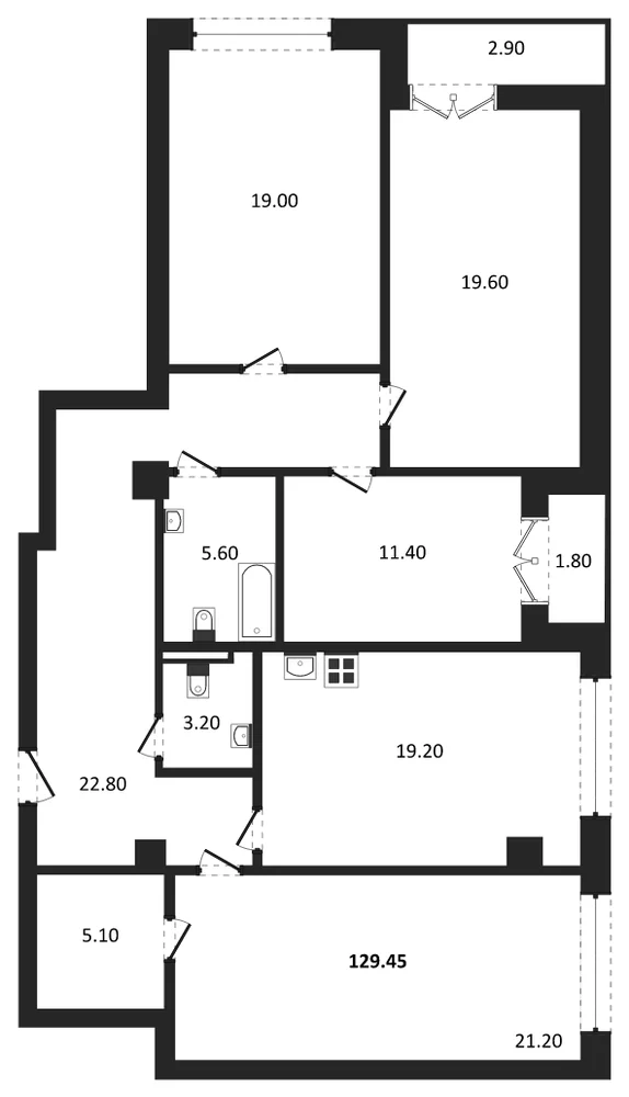 Планировка: 4-комн., 129,3 м²