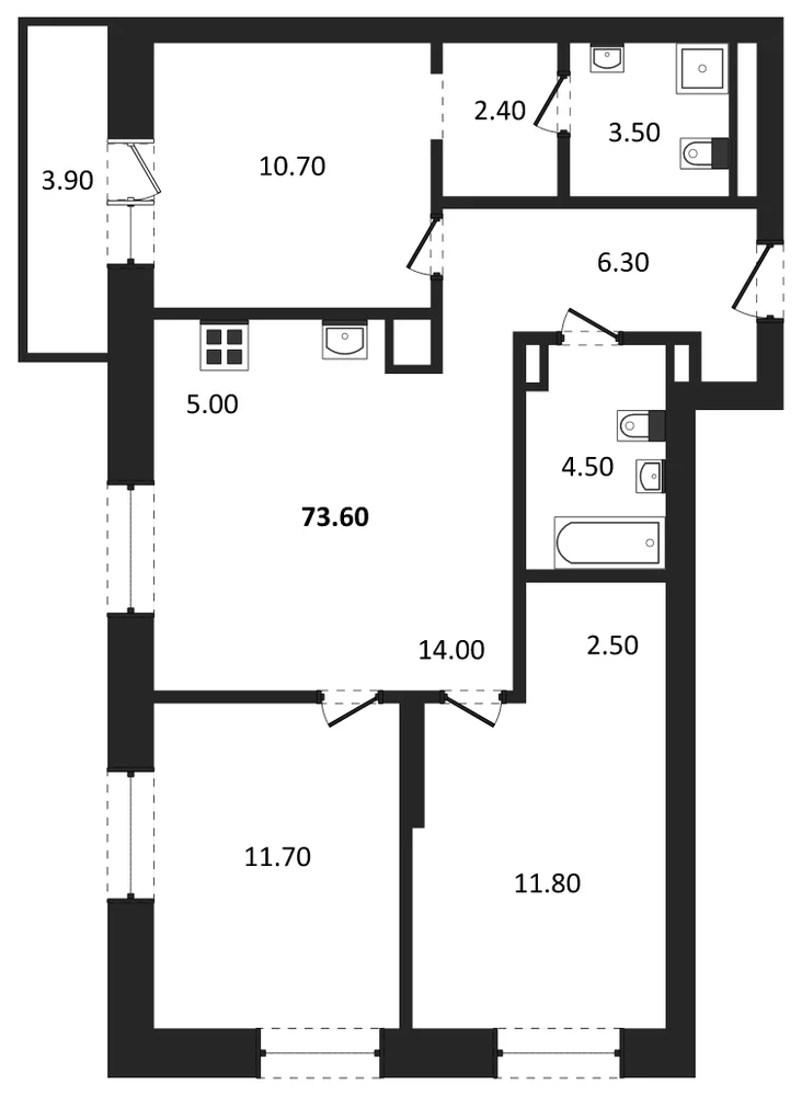 Планировка: 3-комн., 73,5 м²