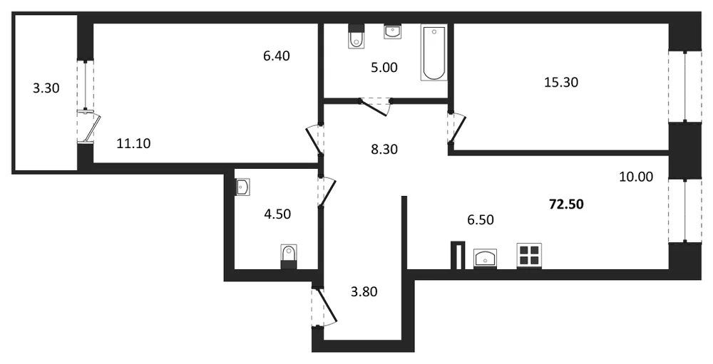 Планировка: 3-комн., 72,5 м²
