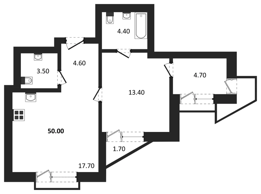 Планировка: 1-комн., 50 м²