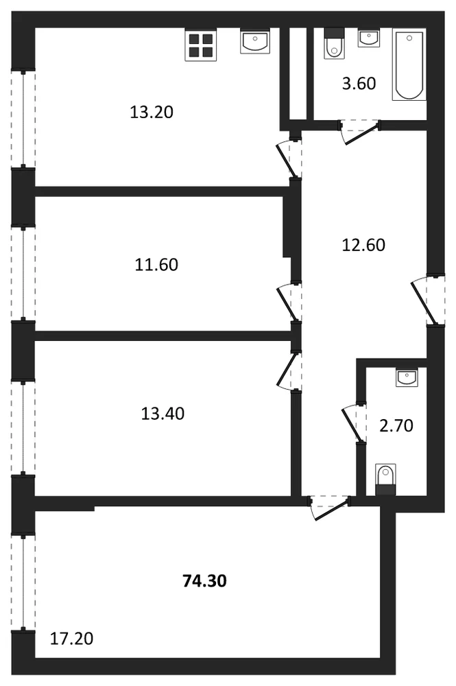 Планировка: 3-комн., 74,3 м²