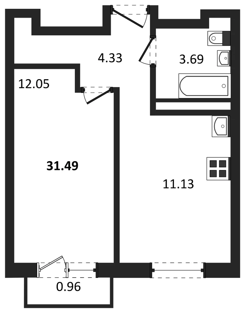 Планировка: 1-комн., 31,5 м²