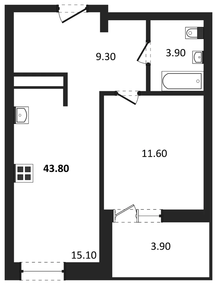 Планировка: 1-комн., 41,9 м²
