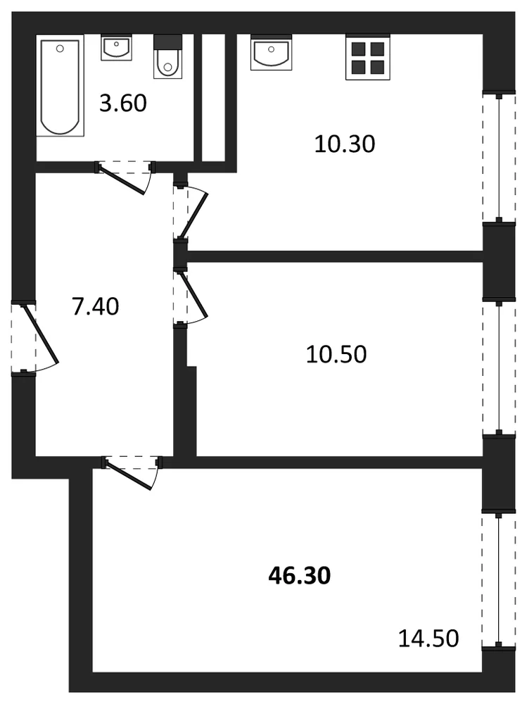 Планировка: 2-комн., 46,3 м²