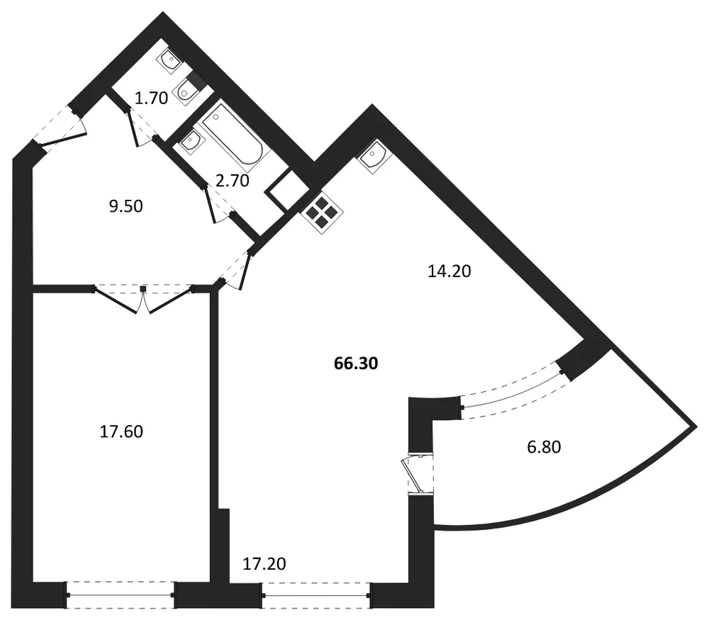Планировка: 1-комн., 66,3 м²