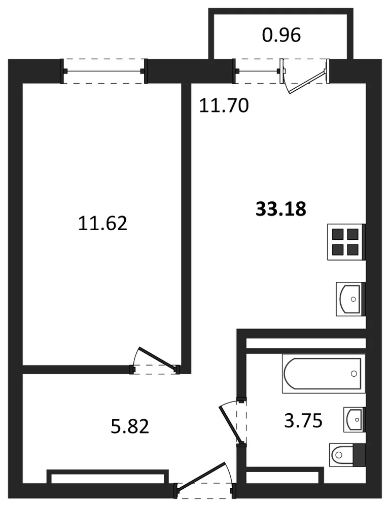 Планировка: 1-комн., 33,2 м²